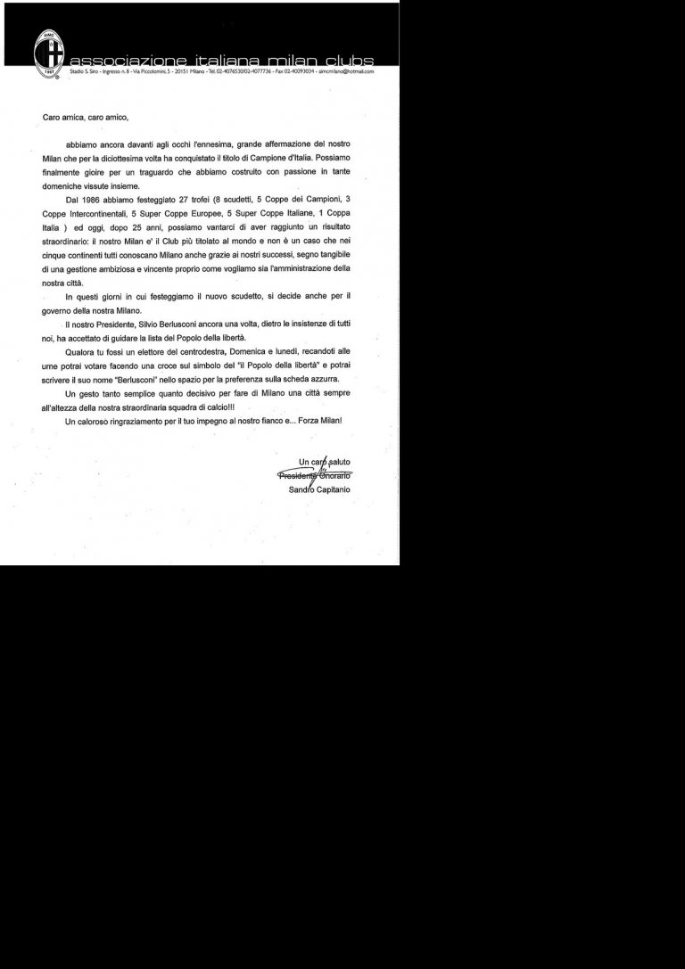 Lettera ai tifosi del Milan