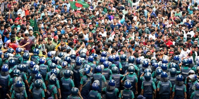 Bangladesh police and students face off during the quota reform protests. Bangladesh police and students face off during the quota reform protests.